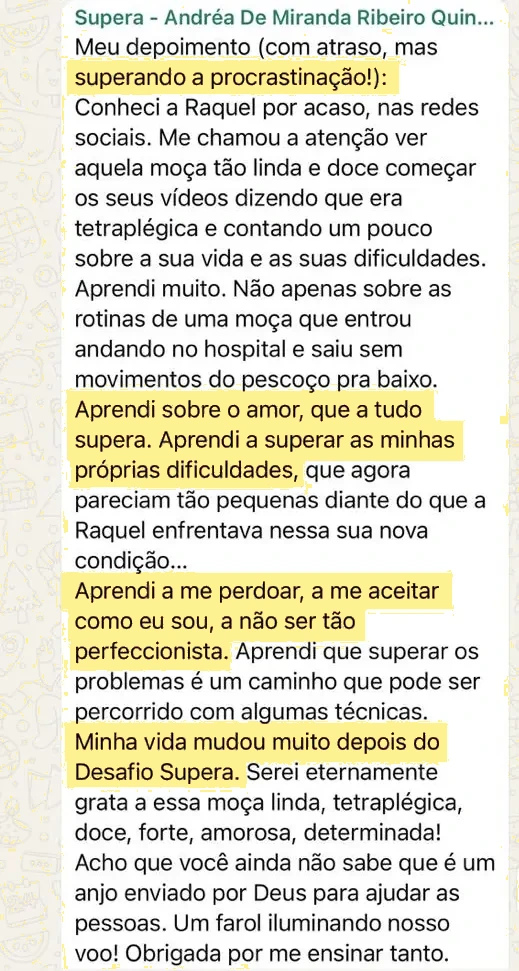 Depoimento de aluna do Efeito Supera por WhatsApp