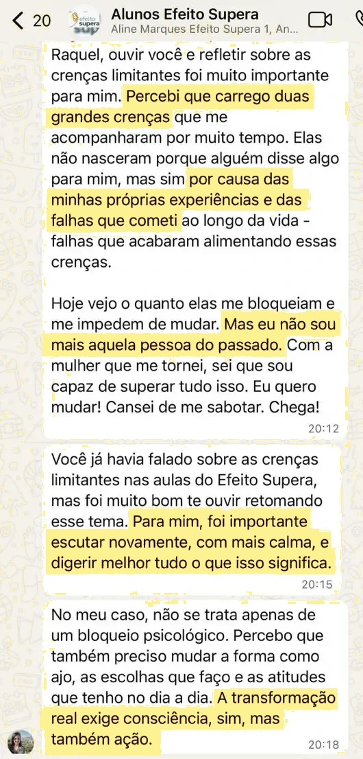 Depoimento de aluna do Efeito Supera por WhatsApp