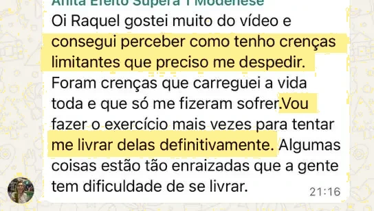 Depoimento de aluna do Efeito Supera por WhatsApp